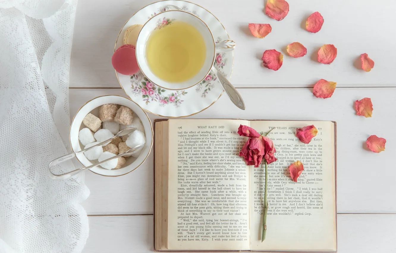 Фото обои чай, роза, лепестки, сахар, книга
