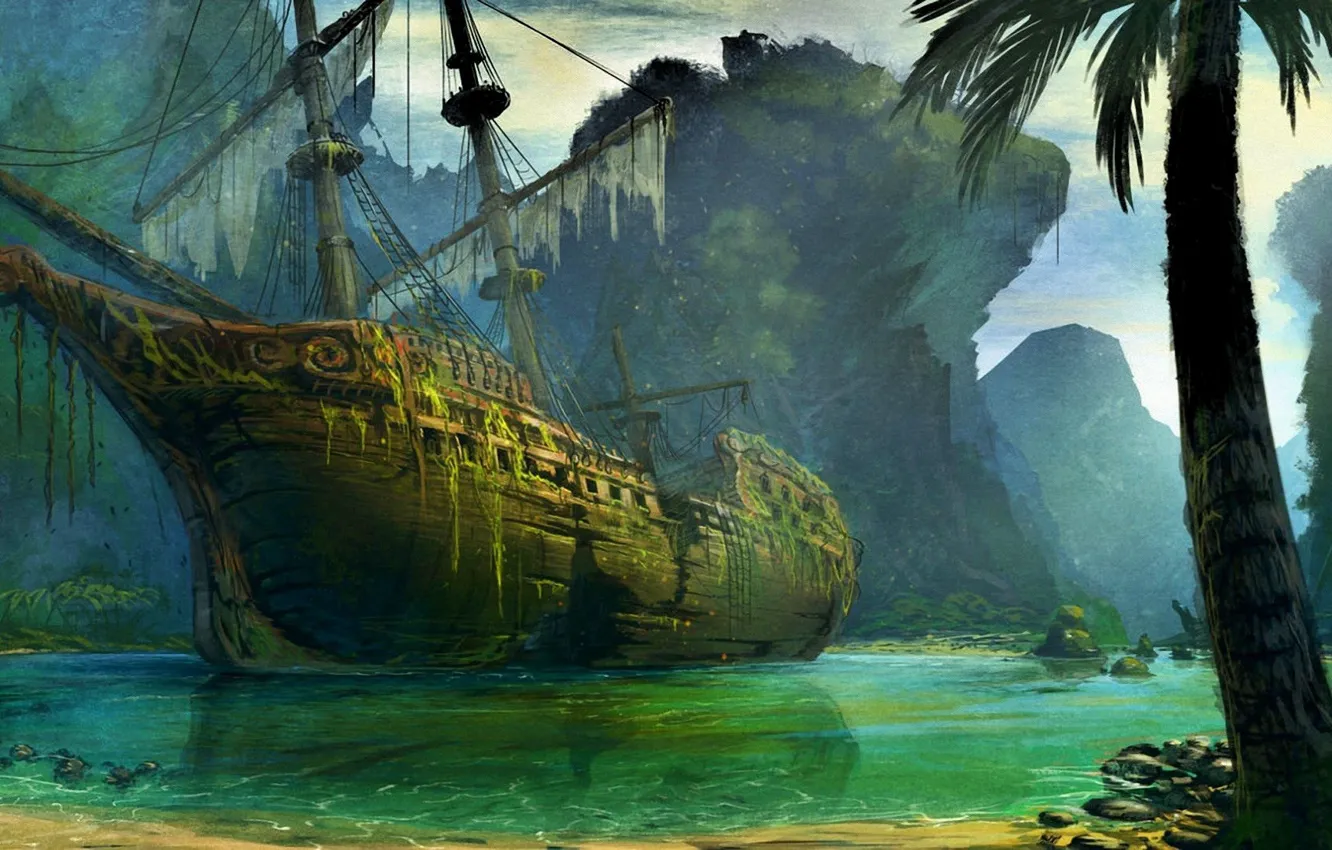Фото обои водоросли, пальма, корабль, бухта, заброшенный, кораблекрушение, таинственный, мачты
