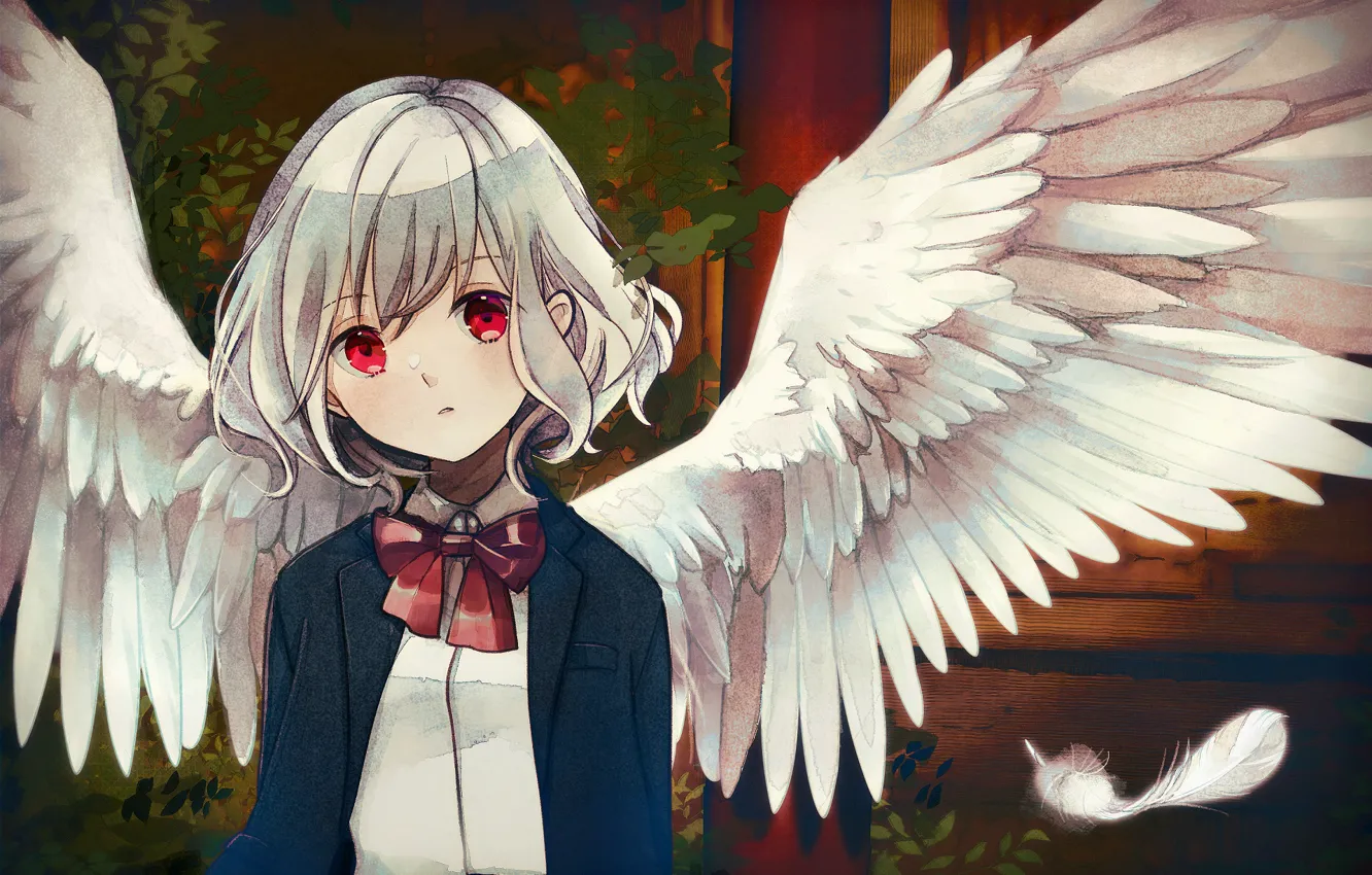 Фото обои девушка, крылья, ангел, красные глаза