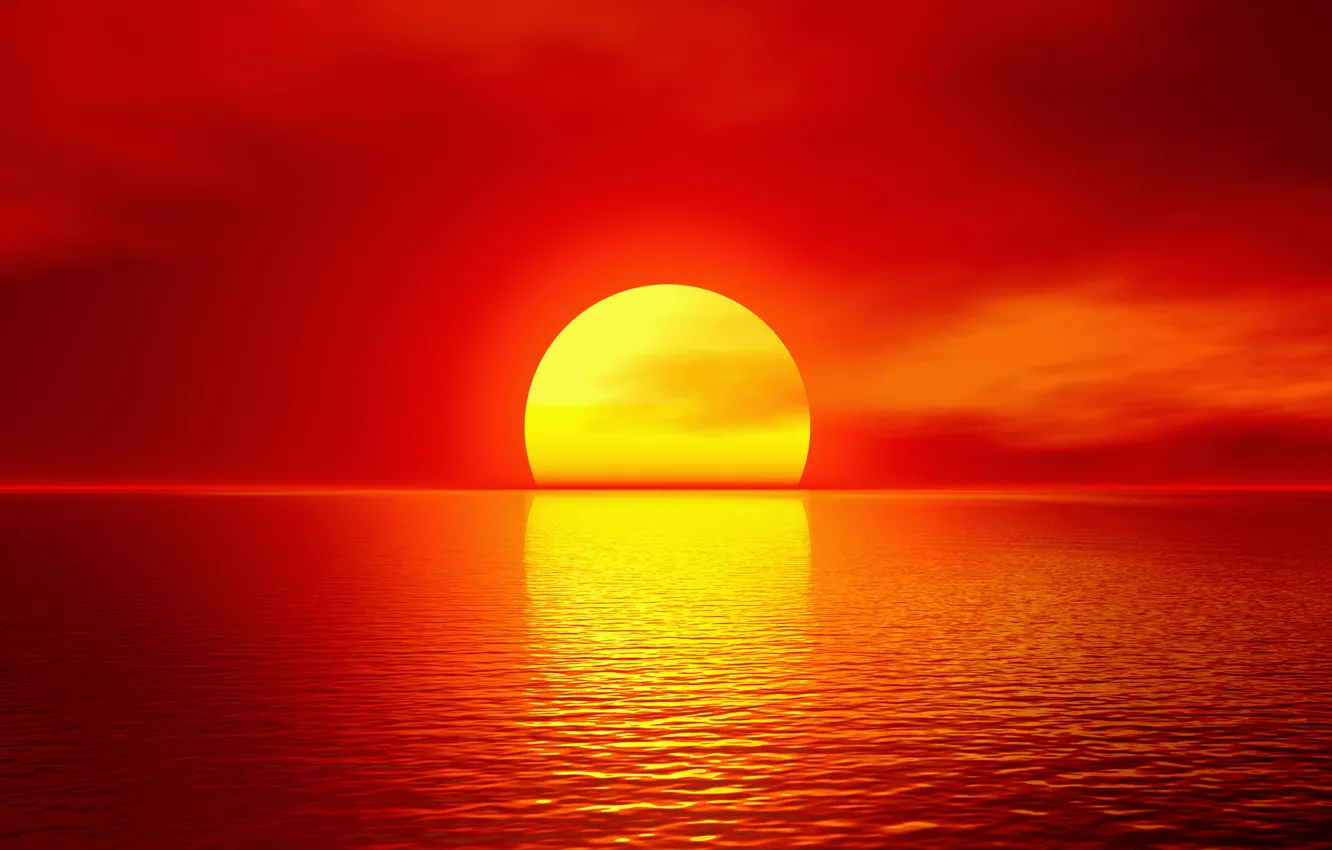 Фото обои море, солнце, закат, красный, горизонт
