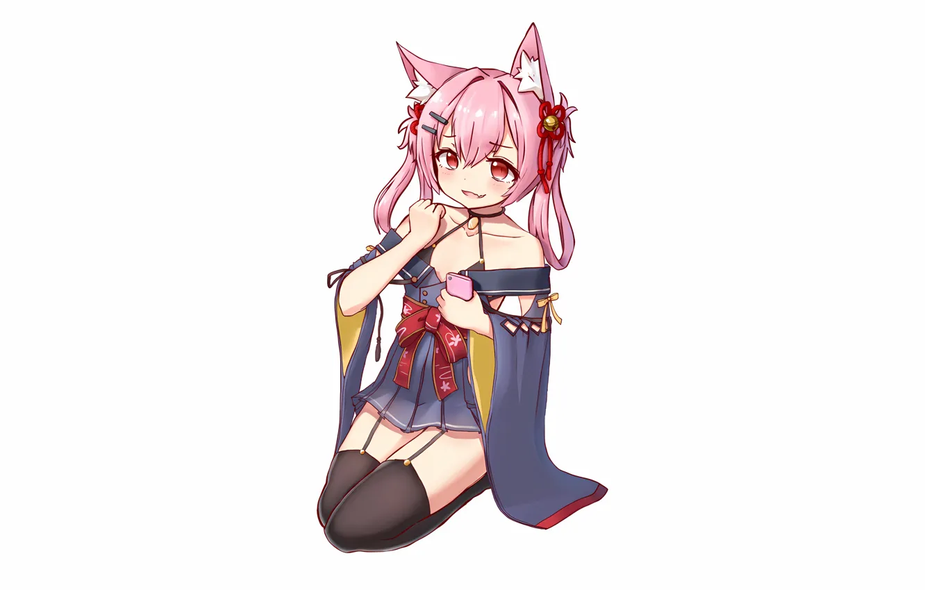 Фото обои girl, sexy, yukata, thighhighs, pink hair, dress, animal ears, anime