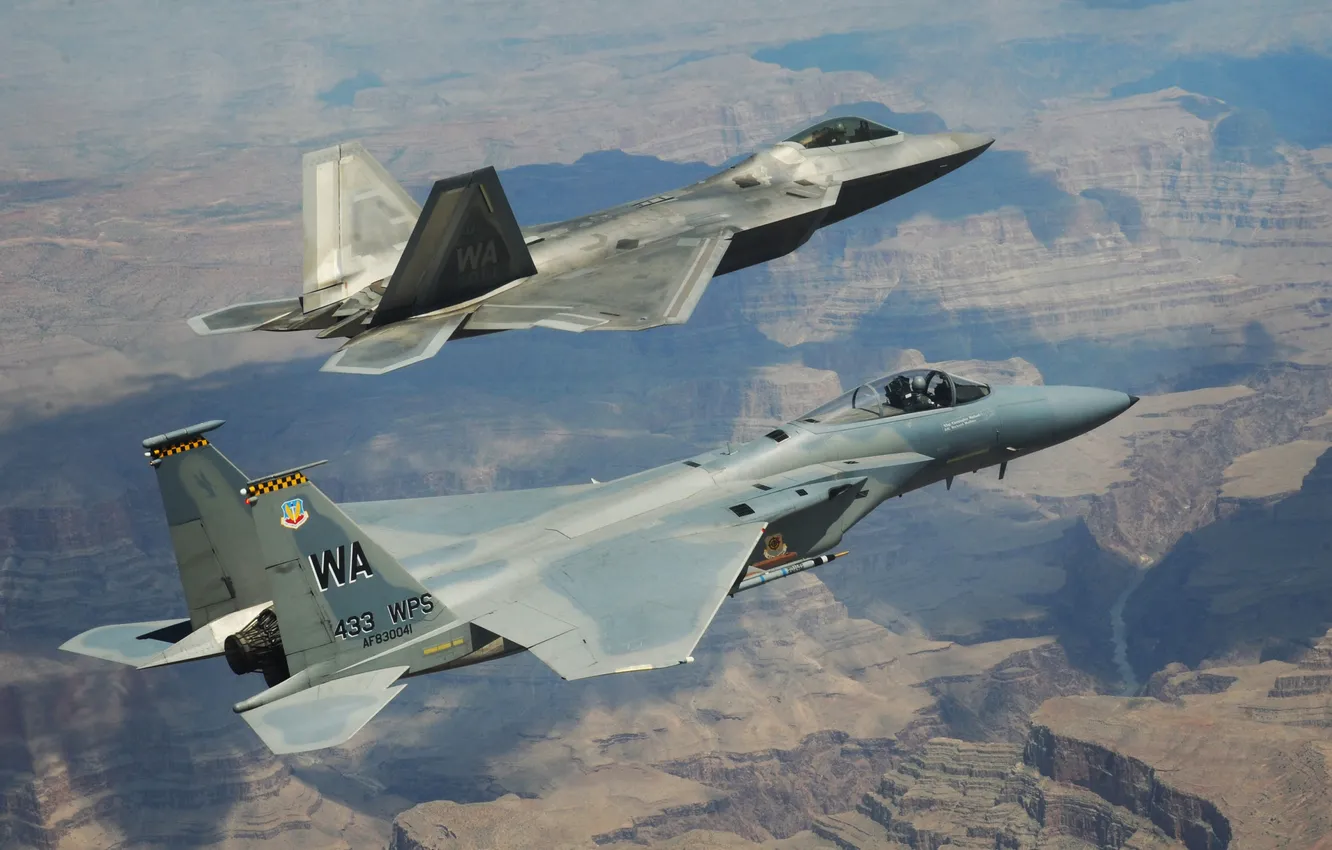 Фото обои истребители, Eagle, полёт, F-22, Raptor, F-15