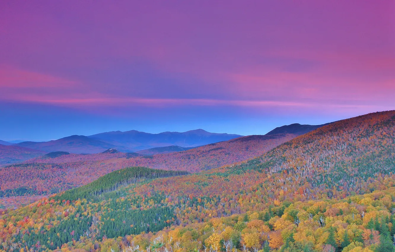 Фото обои осень, лес, небо, горы, склон, зарево
