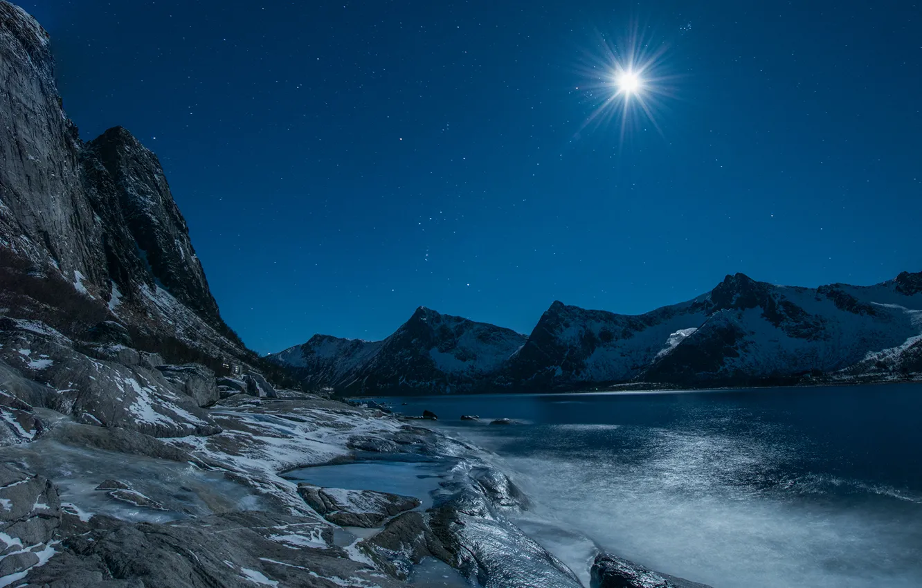 Фото обои winter, mountains, lake, rocks, stars, moonlight, Evening