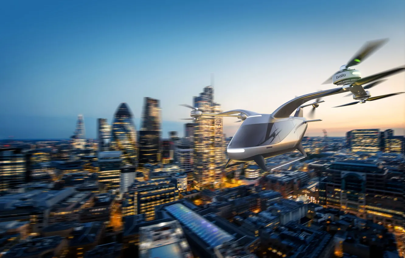 Фото обои Закат, Дома, Вечер, Город, Полет, Небоскребы, Flight, Electric