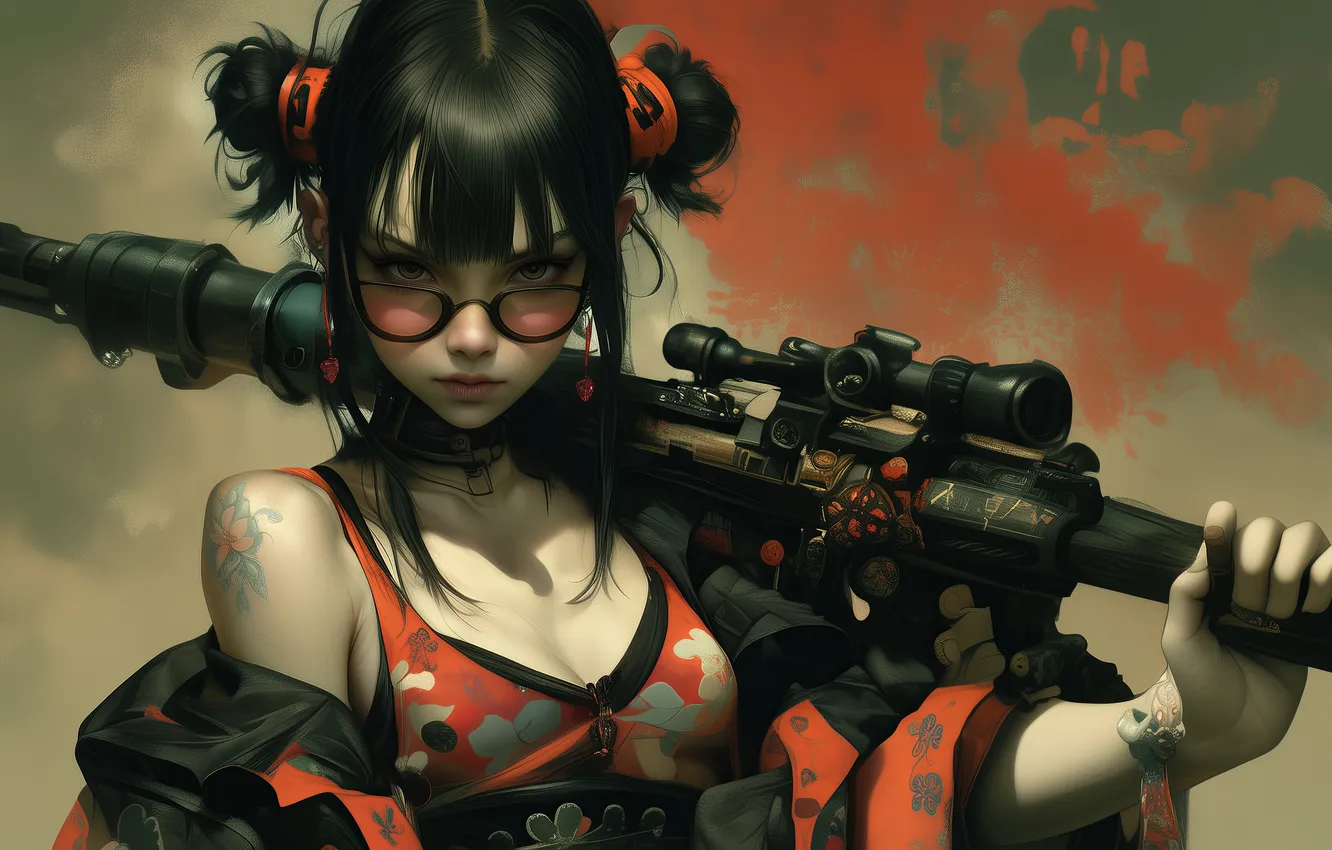 Фото обои Girl, gun, fantasy, cleavage, tattoo, sniper, digital art, rifle
