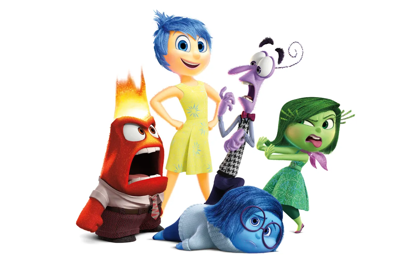 Фото обои эмоции, мультфильм, белый фон, Disney, Страх, Pixar, Головоломка, персонажи