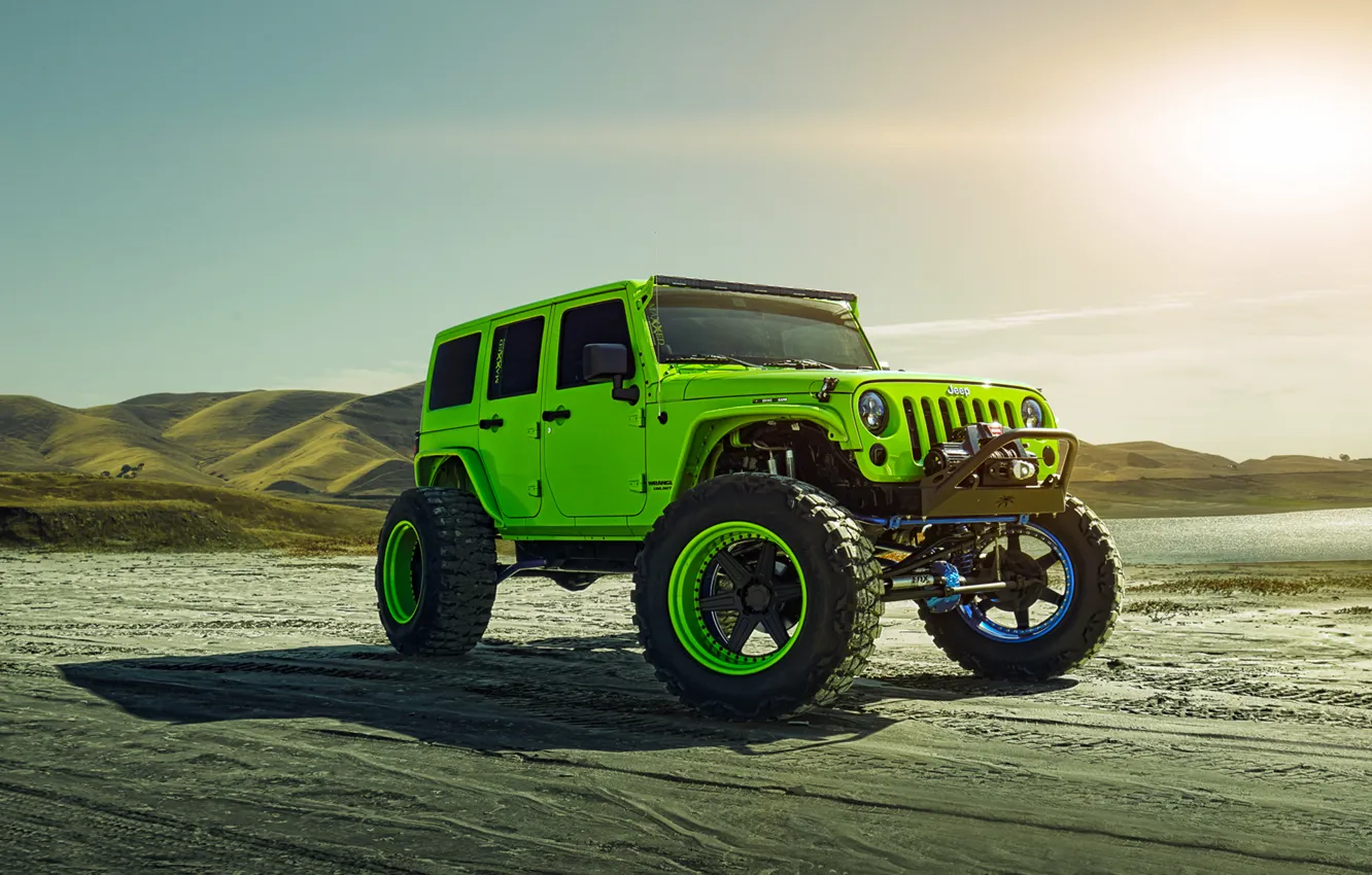 Фото обои Green, Front, Sun, Forged, Custom, Wrangler, Jeep, Wheels