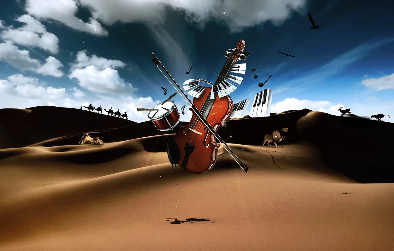 Фото обои пустыня, скрипка, клавиши, барабан, Музыкальные инструменты
