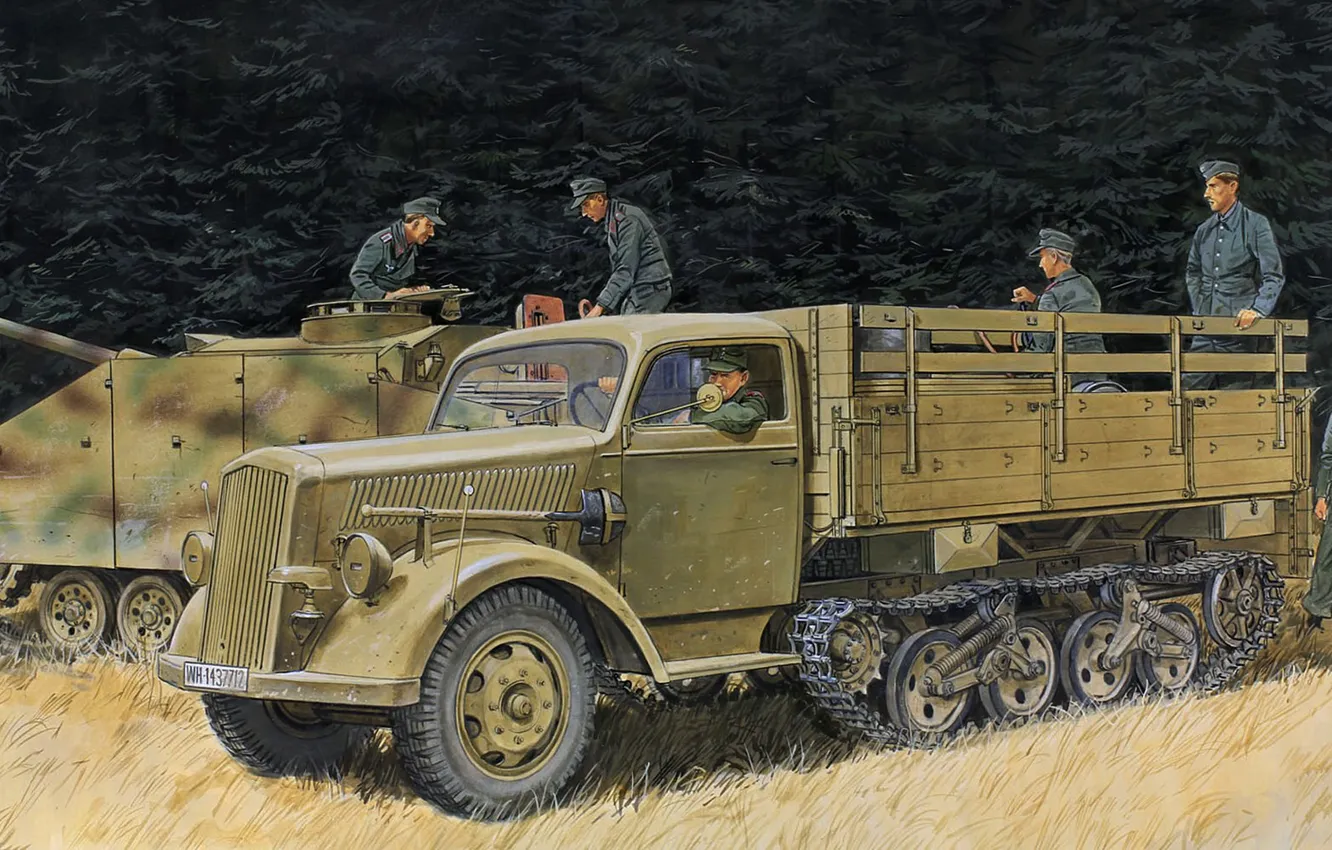 Фото обои рисунок, арт, Вторая Мировая Война, Maultier, Half Track, Sd.Kfz.3a, полугусеничный грузовик