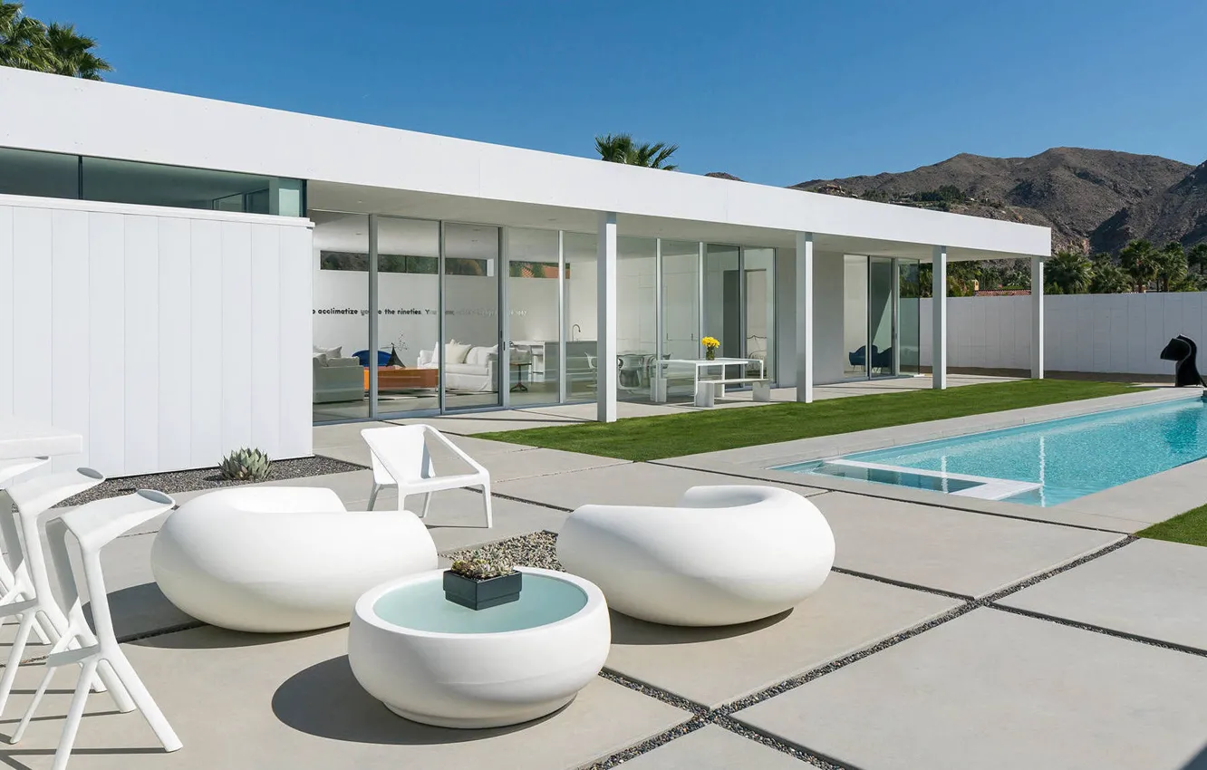 Фото обои вилла, бассейн, терраса, villa, outside-inside house, дом снаружи-внутри, Palm Springs Residence, резиденция Палм-Спрингс