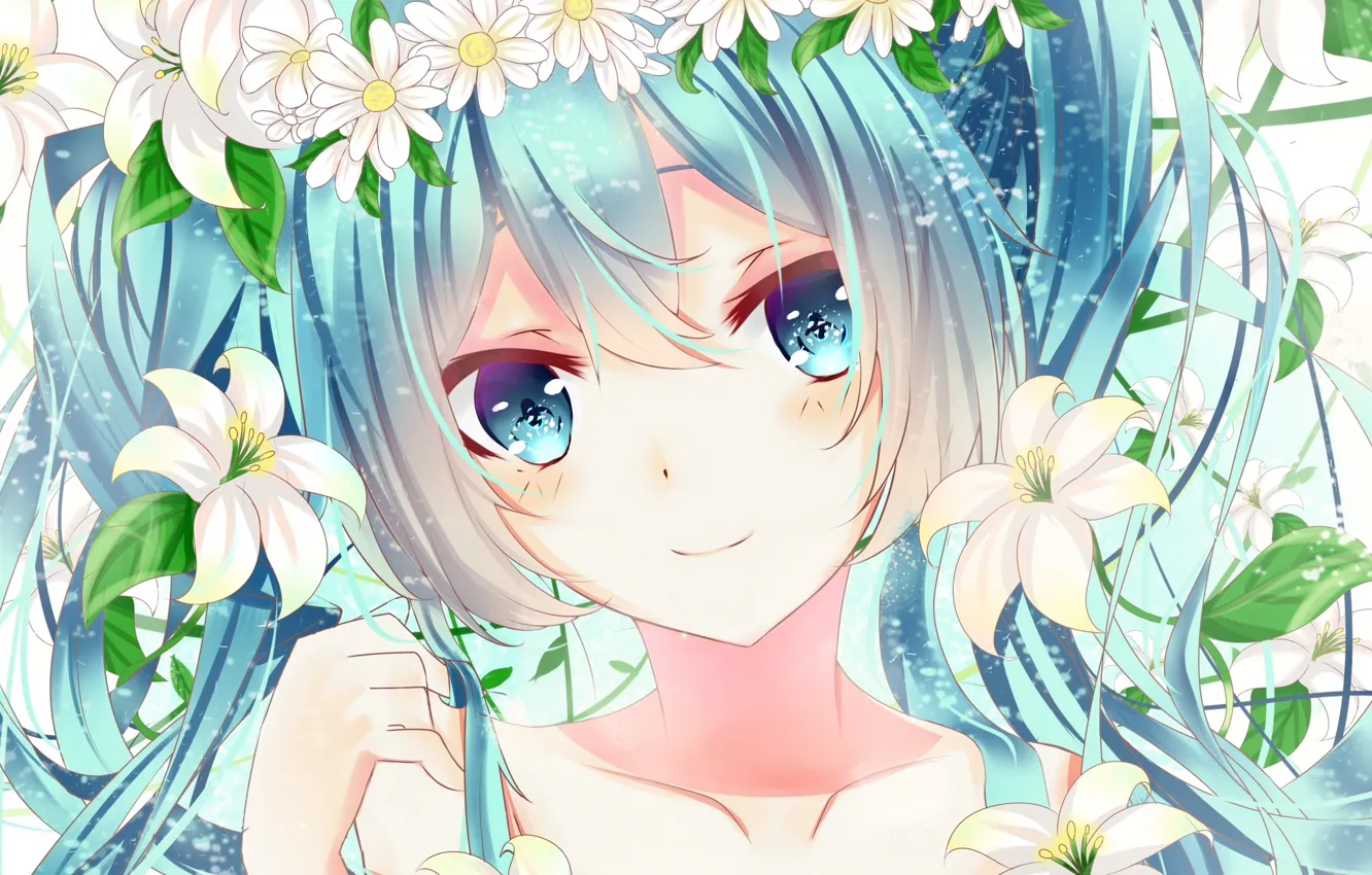 Фото обои девушка, цветы, улыбка, ромашки, аниме, арт, vocaloid, hatsune miku