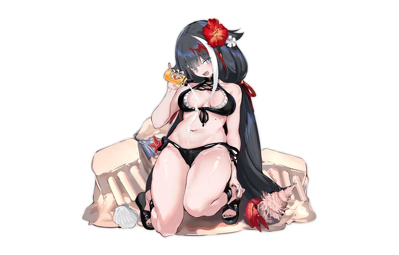 Фото обои girl, sexy, cleavage, flower, long hair, boobs, anime, beautiful