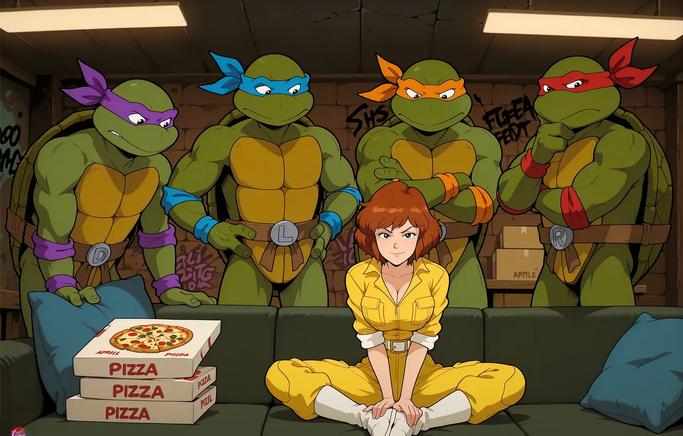 Фото обои Raphael, Leonardo, Donatello, Teenage Mutant Ninja Turtles, Michelangelo, April O'Neil, Pizza, fandoms