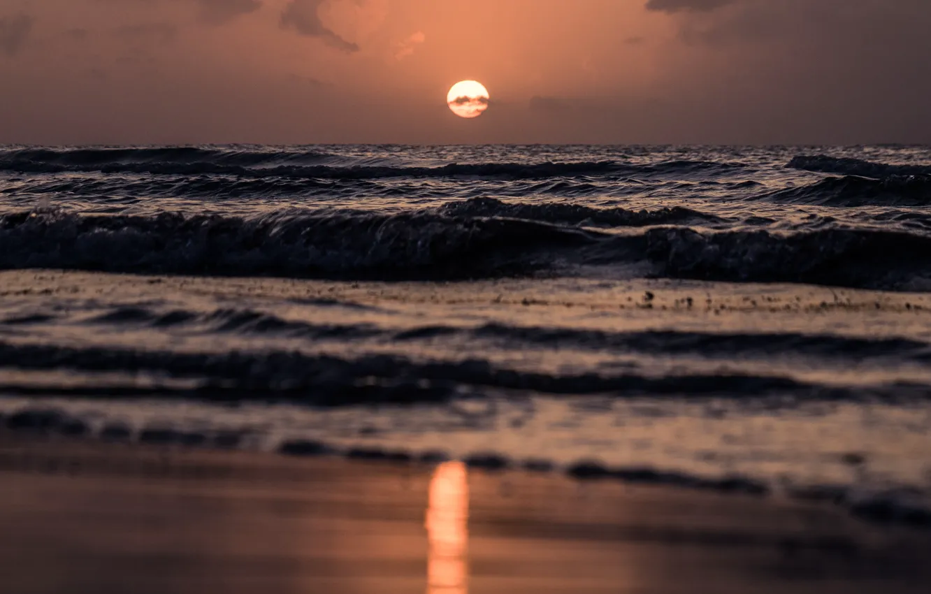 Фото обои waves, beach, sea, sunset, sun