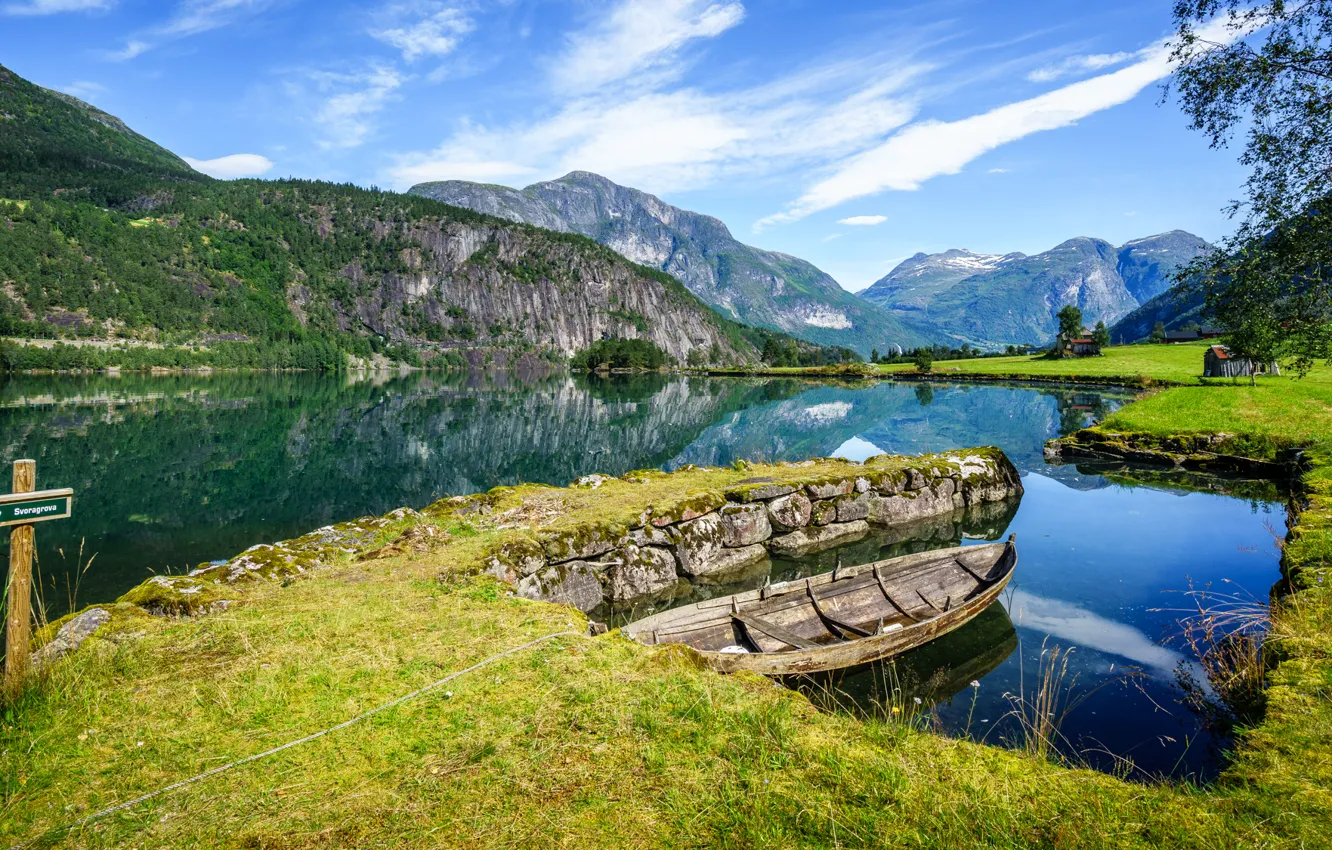 Фото обои вода, горы, лодка, Норвегия, Norway, фьорд, Согн-ог-Фьюране, Стрюн