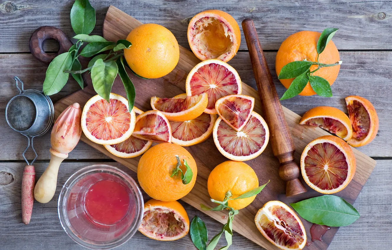 Фото обои листья, апельсины, сок, доска, фрукты, цитрусы, мандарины, Anna Verdina