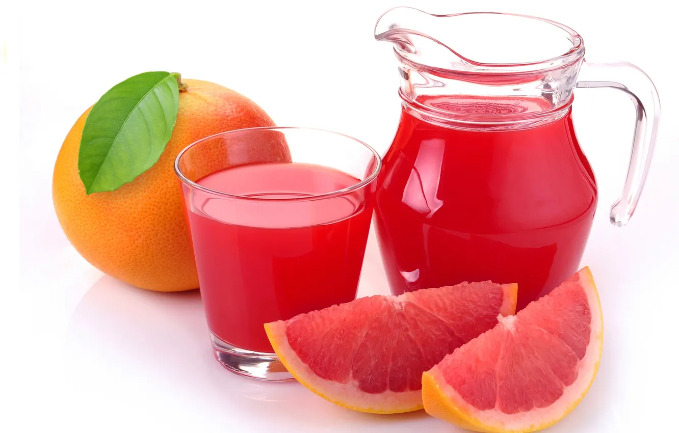 Фото обои стакан, сок, фрукт, цитрус, кувшин, грейпфрут, дольки