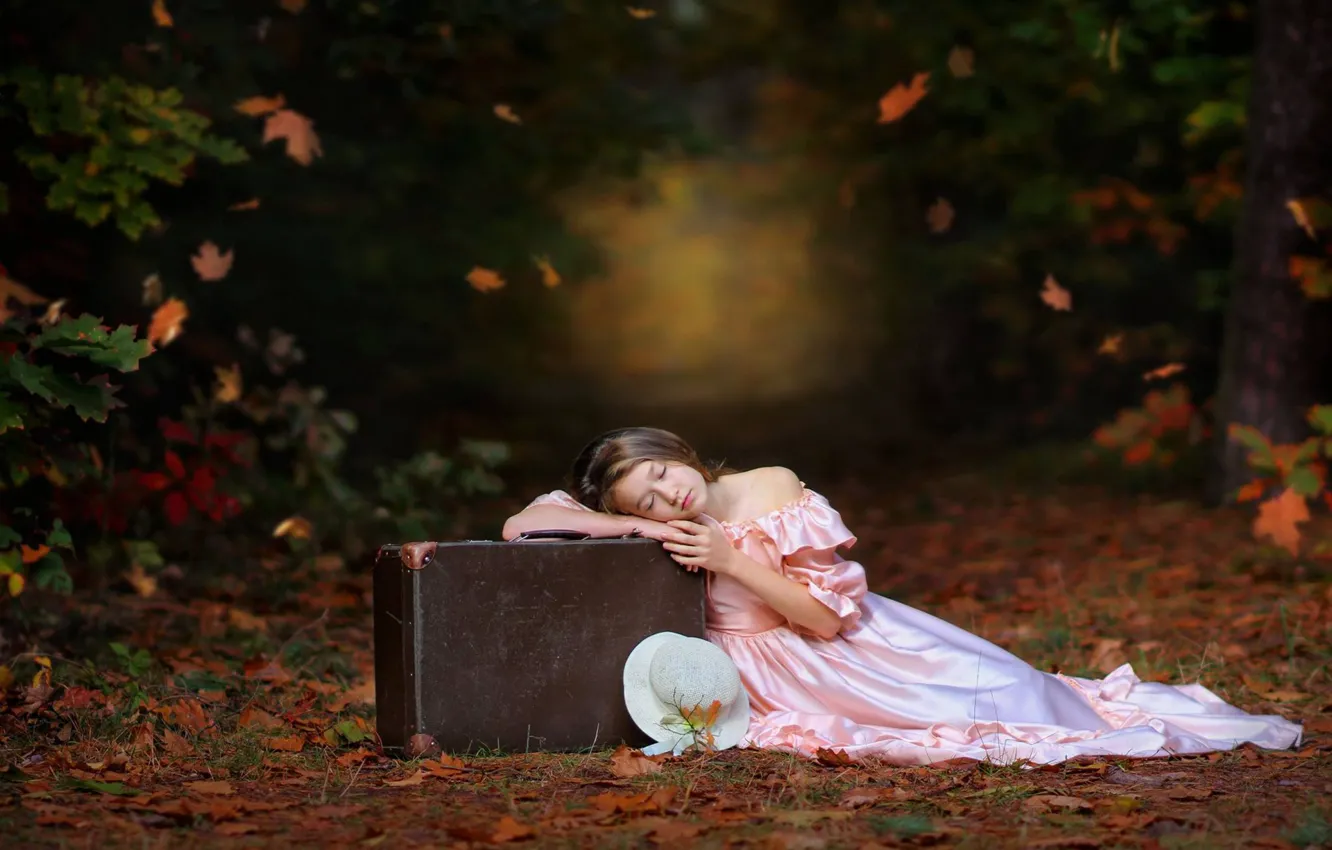 Фото обои осень, листья, настроение, отдых, сон, платье, девочка, чемодан