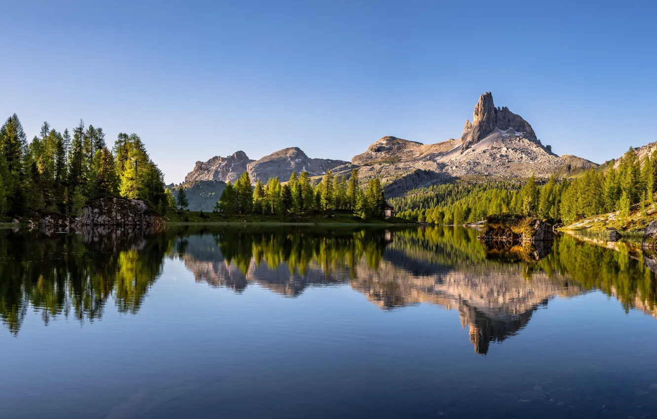 Фото обои деревья, горы, озеро, Италия, Italy, Доломитовые Альпы, Dolomites, Dolomite Alps