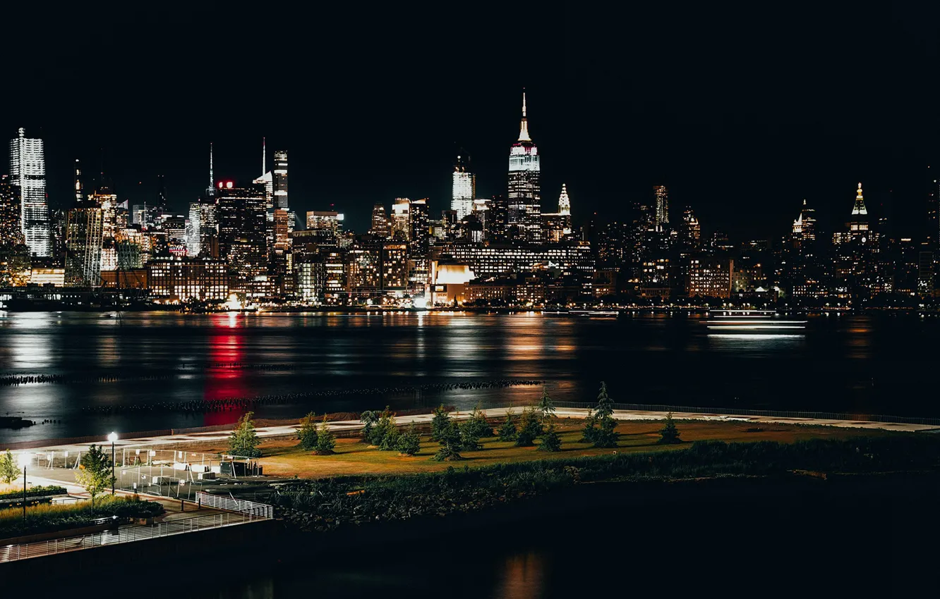 Фото обои city, lights, USA, river, night, New York, NYC, New York City
