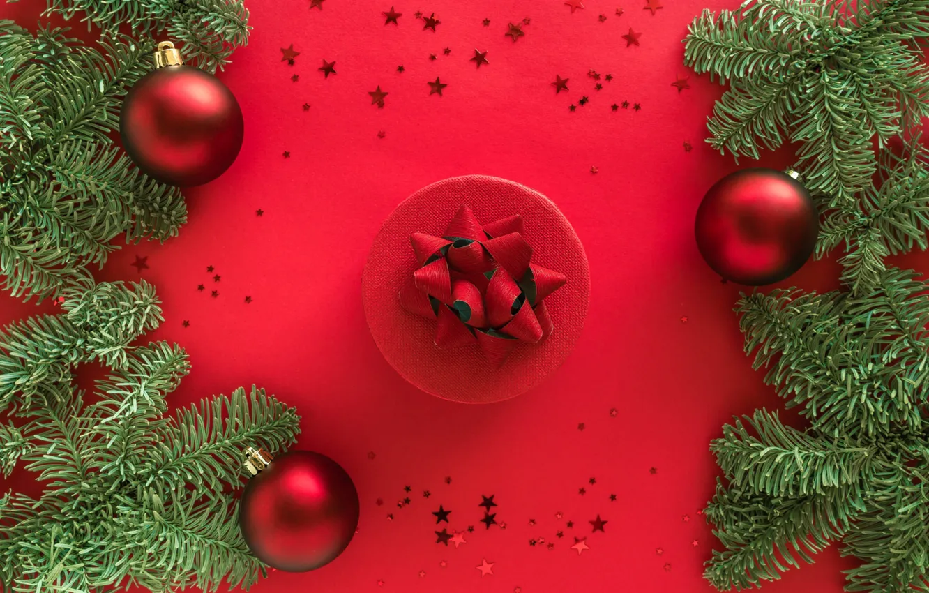 Фото обои зима, шарики, ветки, праздник, шары, круг, Рождество, красные