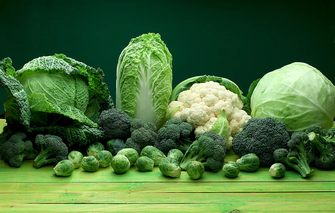 Фото обои зеленый, green, овощи, цветная, капуста, wood, брокколи, vegetables
