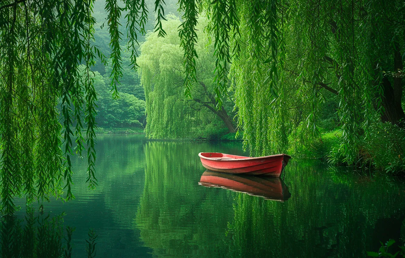 Фото обои вода, озеро, отражение, обои, лодка, утро, wallpaper, water