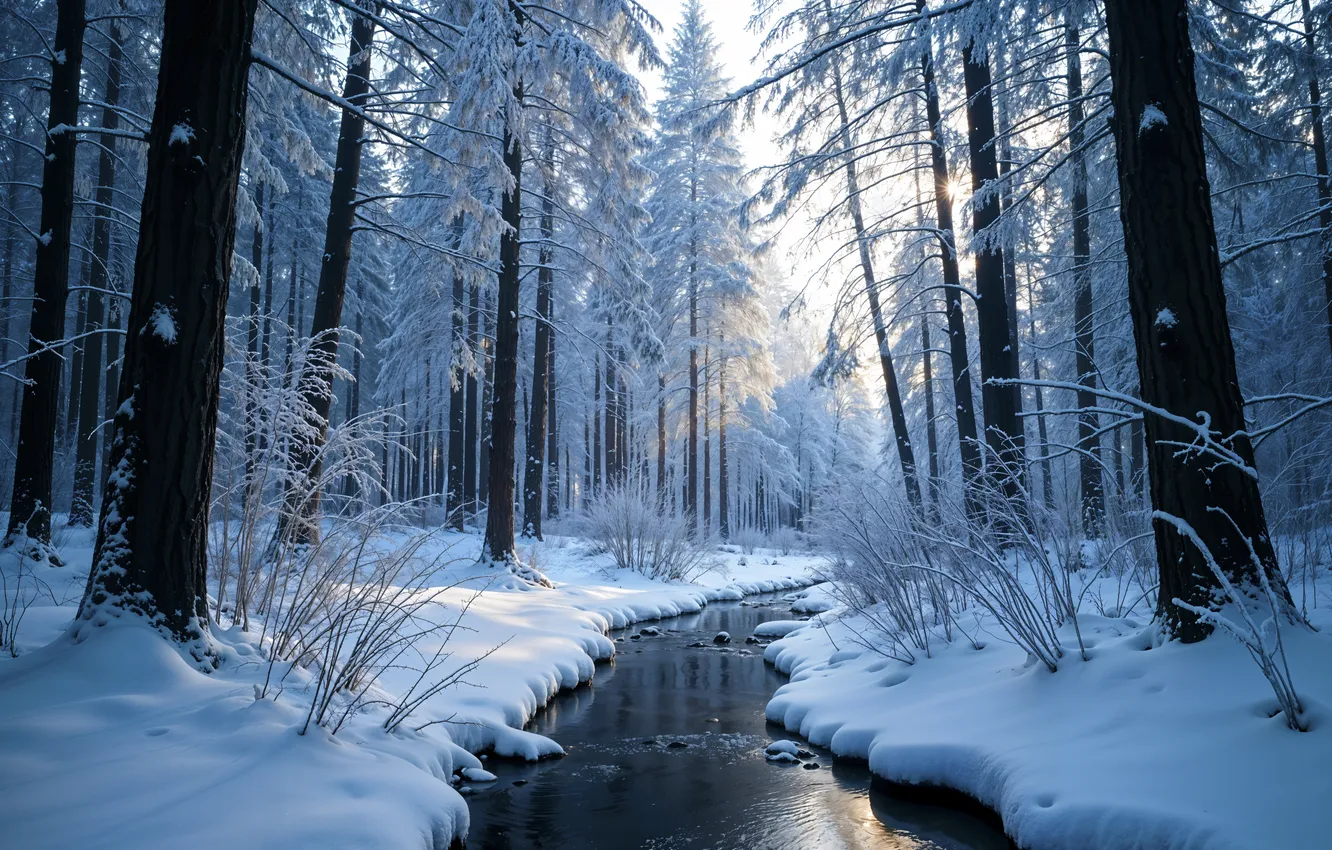 Фото обои зима, лес, снег, река, елка, forest, nature, winter