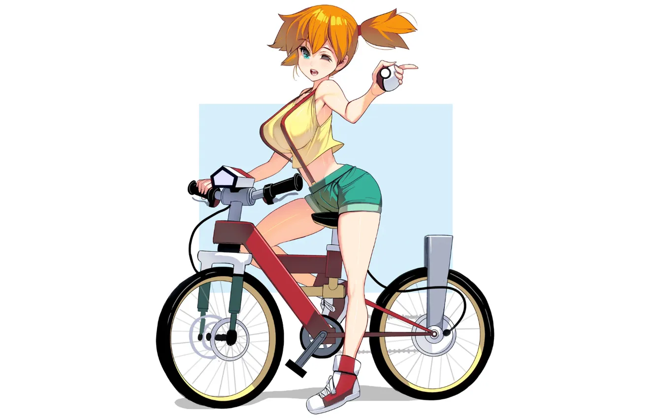 Фото обои girl, shorts, bike, anime, redhead, pokemon