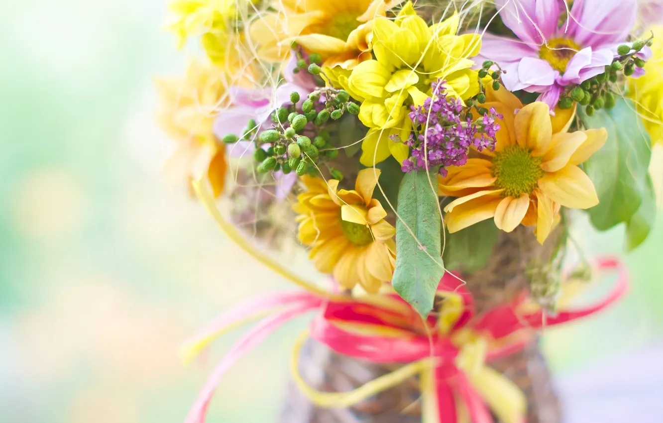 Фото обои цветы, букет, бантик, хризантемы, композиция
