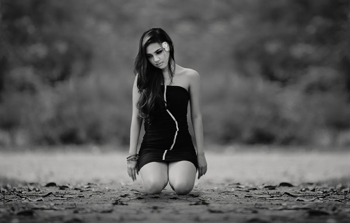 Фото обои грусть, девушка, платье, черно-белое, сидит, black and white, на земле