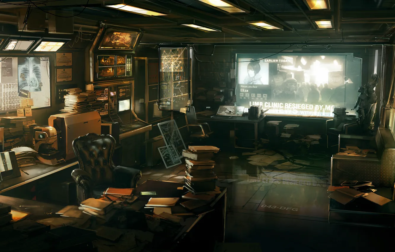 Фото обои стол, книги, кресло, офис, монитор, Deus Ex 3, бумаги, обстановка