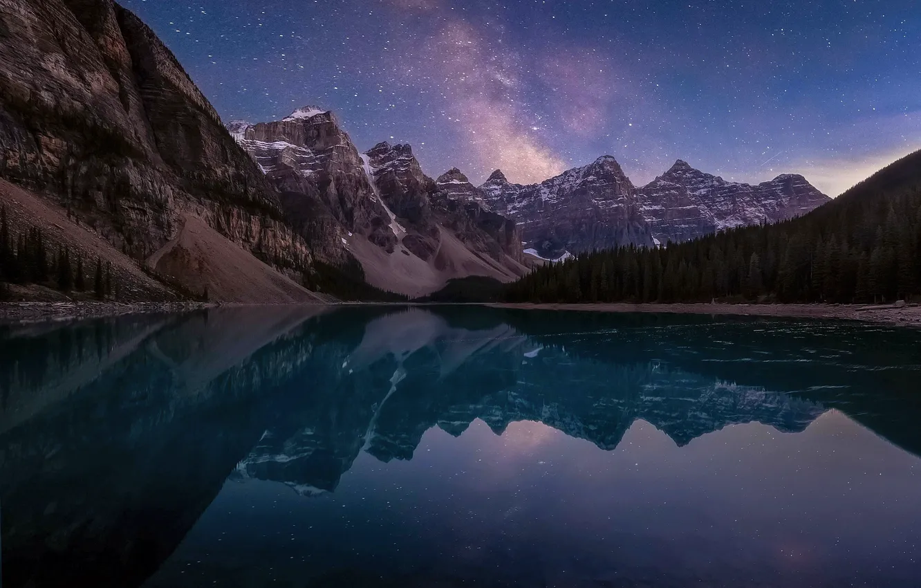 Фото обои небо, звезды, ночь, озеро, Канада