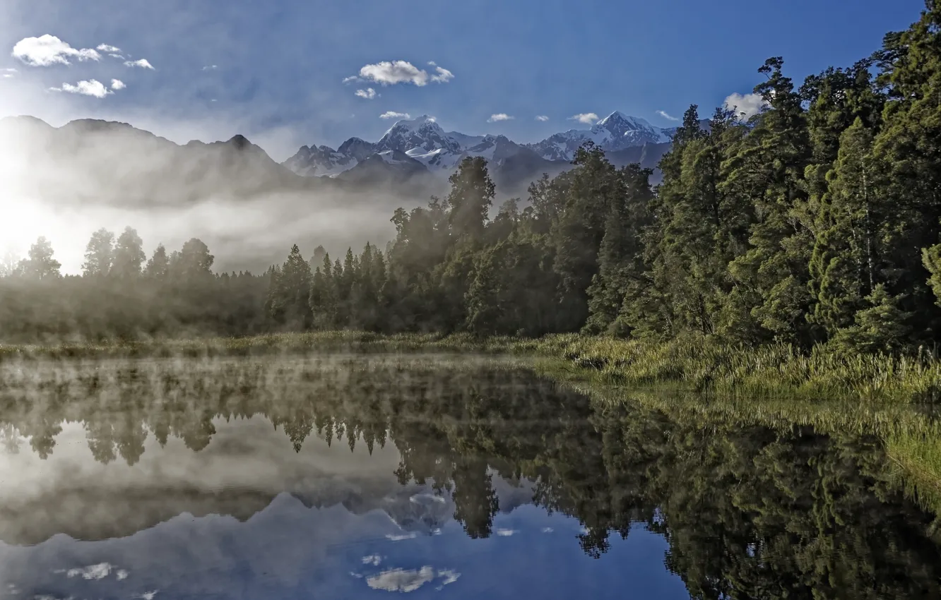 Фото обои лес, пейзаж, природа, озеро, отражение, новая зеландия