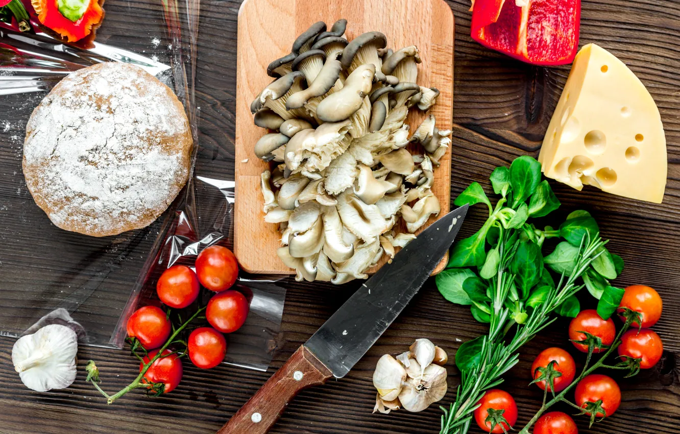 Фото обои грибы, сыр, пицца, томат, тесто, ассорти, заготовка