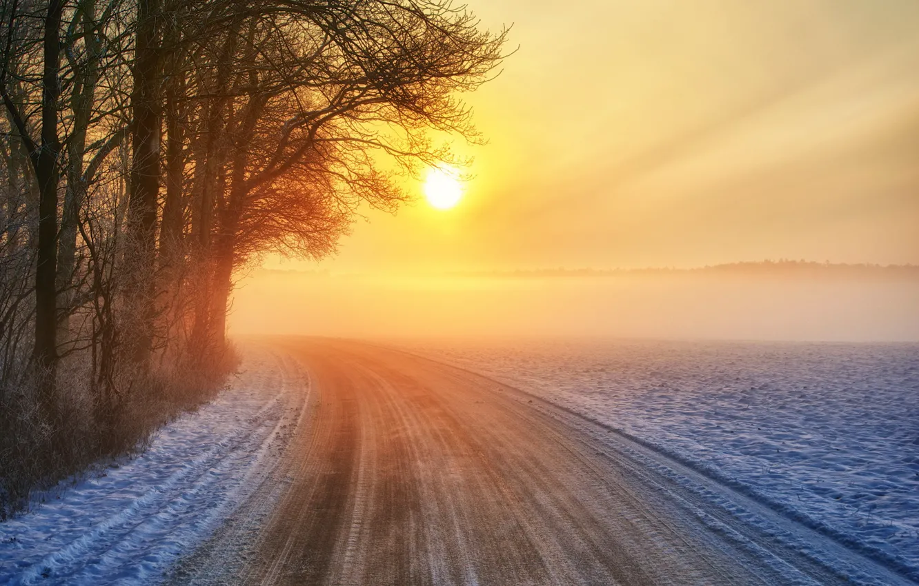 Фото обои зима, дорога, закат
