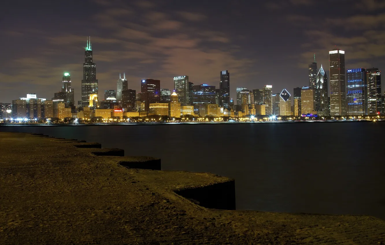 Фото обои вода, ночь, город, огни, панорама, чикаго, chicago, мичиган