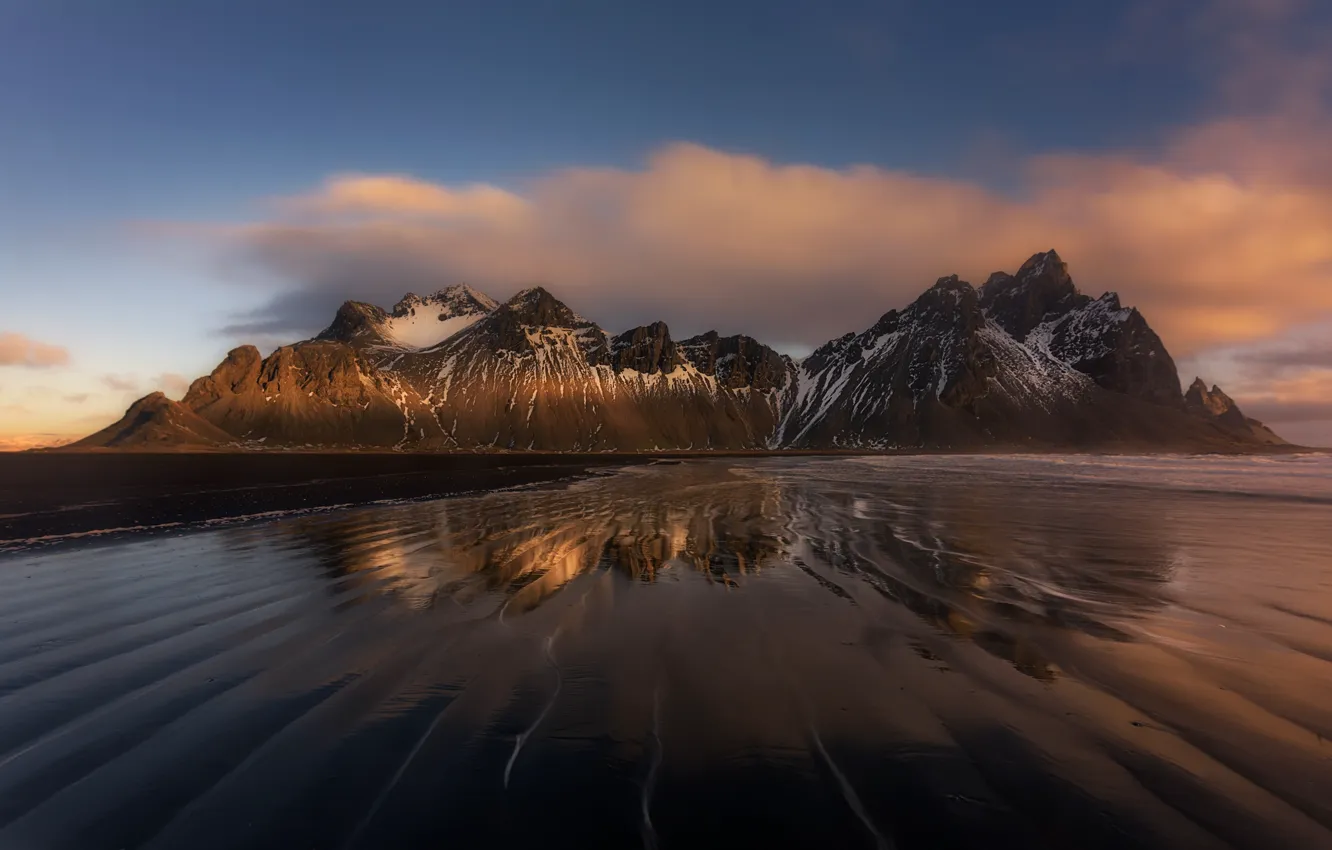 Фото обои Исландия, мыс, Stokksnes, чёрный песок, Стокснес