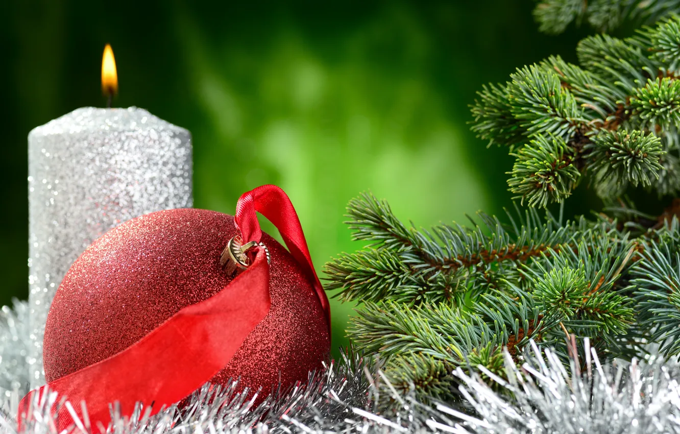 Фото обои шары, елка, свеча, Новый Год, Рождество, мишура, Christmas, New Year