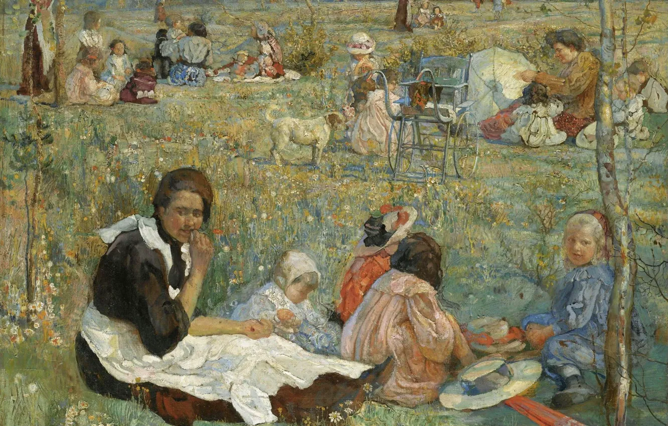 Обои картина, 1912, Исаак Бродский, Isaak Brodsky, Няня с Детьми на ...