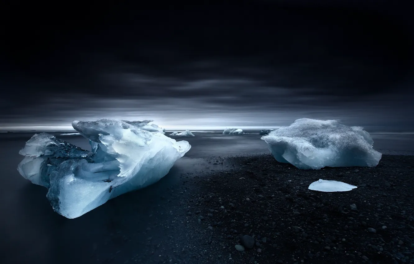 Фото обои лед, море, берег, ice, льдина, сумерки, beach, Исландия