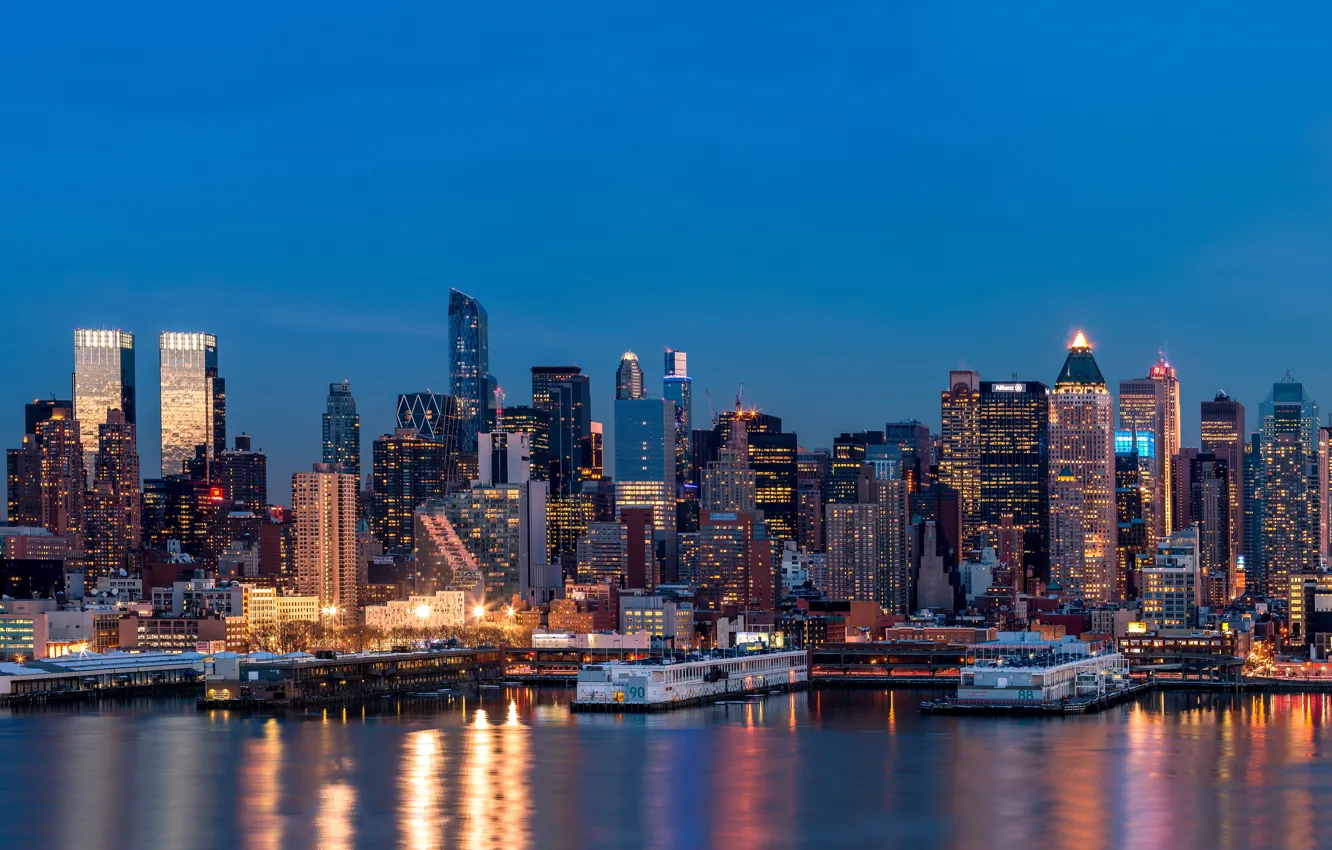 Фото обои city, lights, USA, night, New York, reflection, skyscrapers