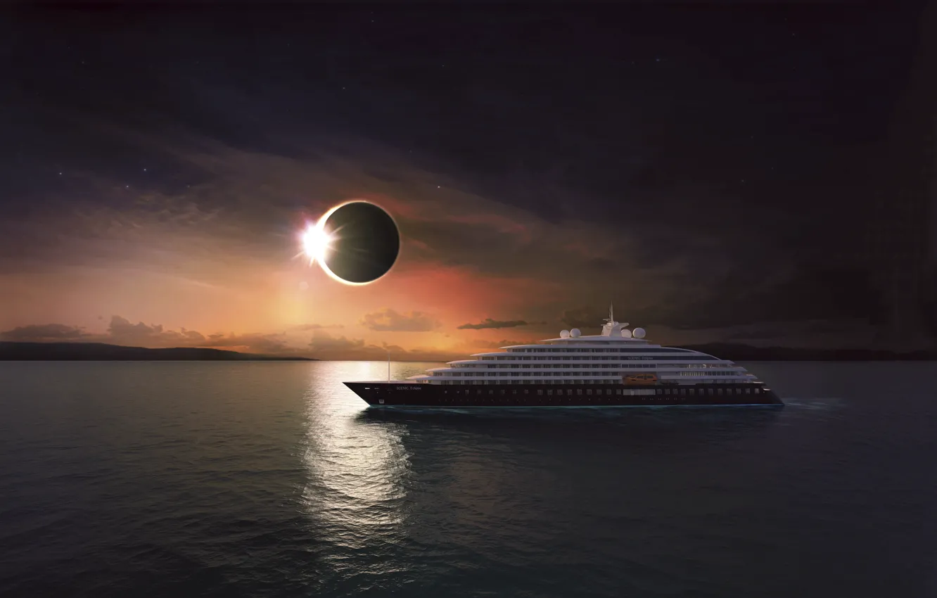 Фото обои Солнце, Океан, Море, Яхта, Судно, Затмение, Eclipse, Рендеринг