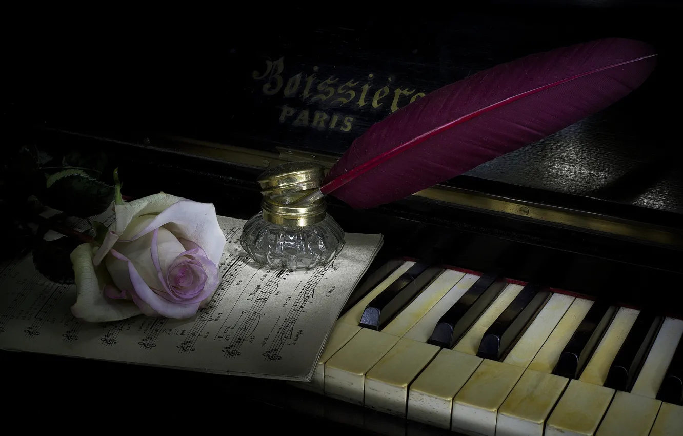Фото обои стиль, музыка, перо, роза, пианино