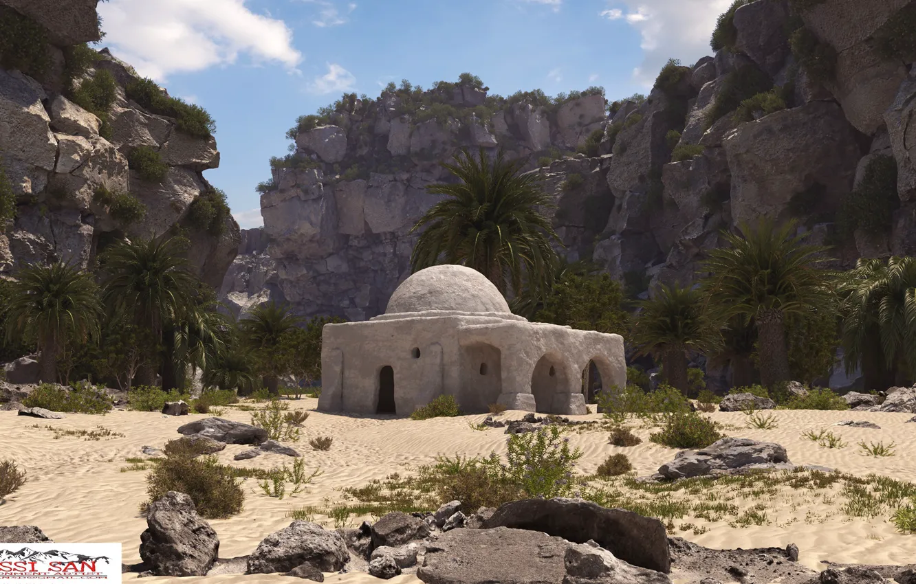 Фото обои камни, скалы, растительность, постройка, tatooine house