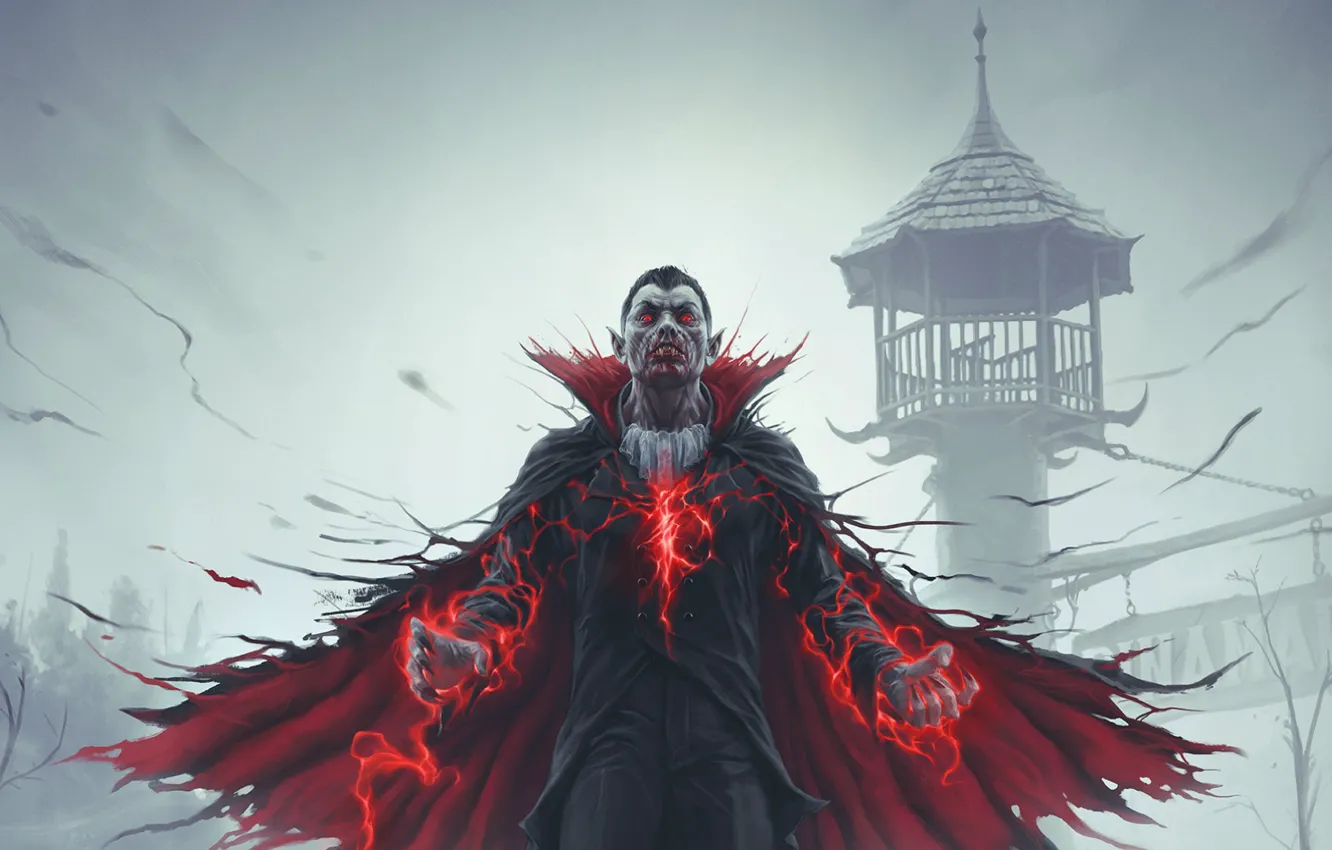 Фото обои красный, туман, сила, магия, кровь, башня, фэнтези, вампир
