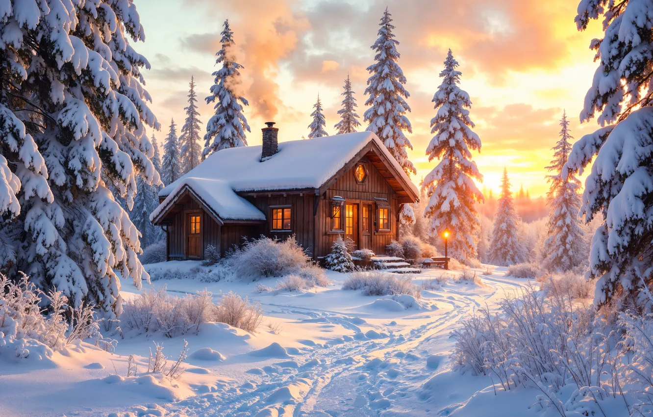 Фото обои зима, лес, снег, елки, домик, house, хижина, forest