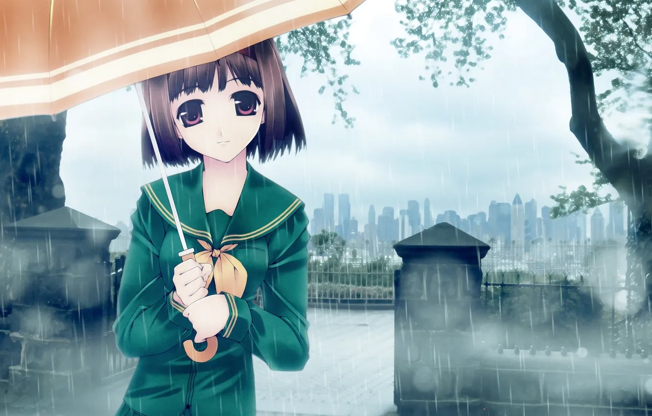 Фото обои деревья, город, зонтик, дождь, аниме, девочка