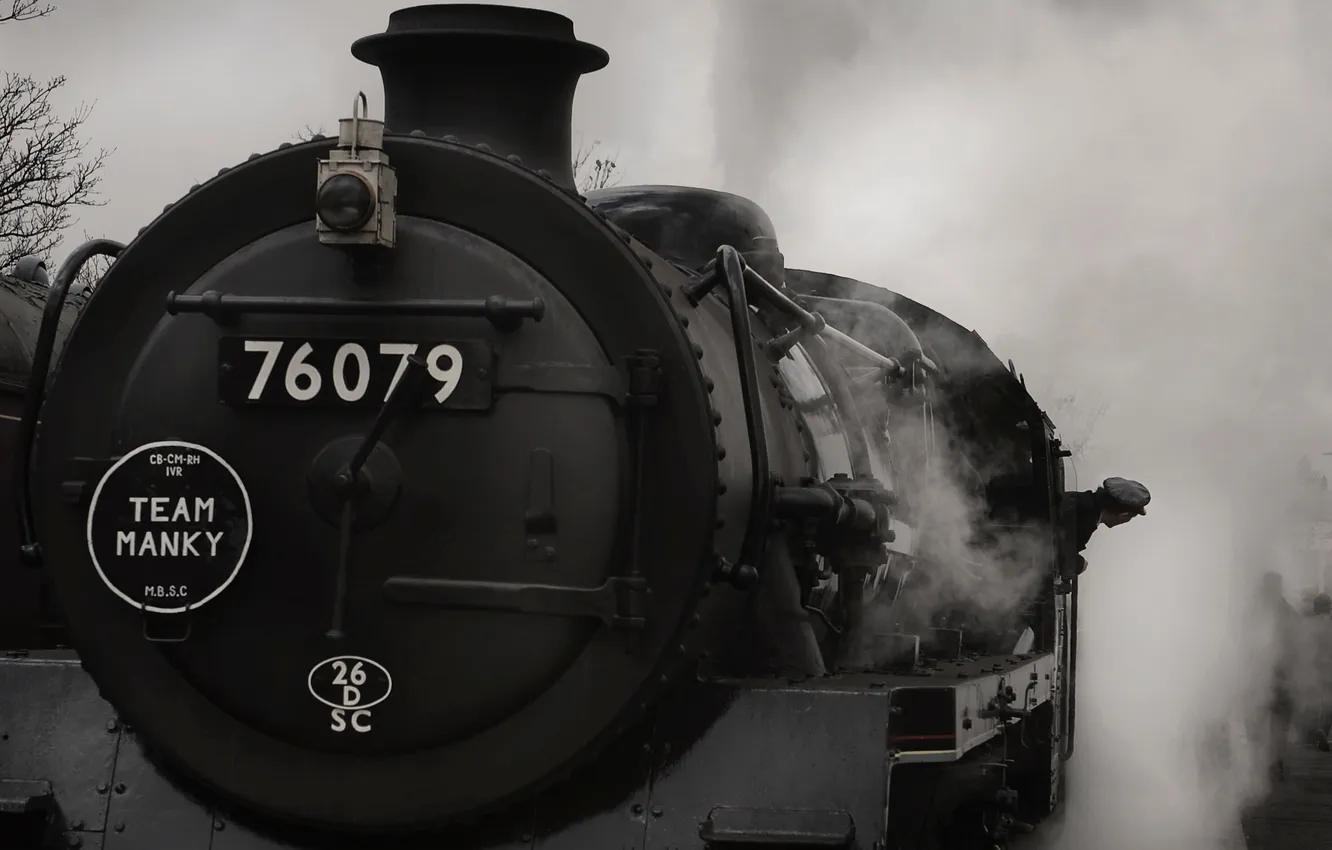 Фото обои smoke, train, black and white